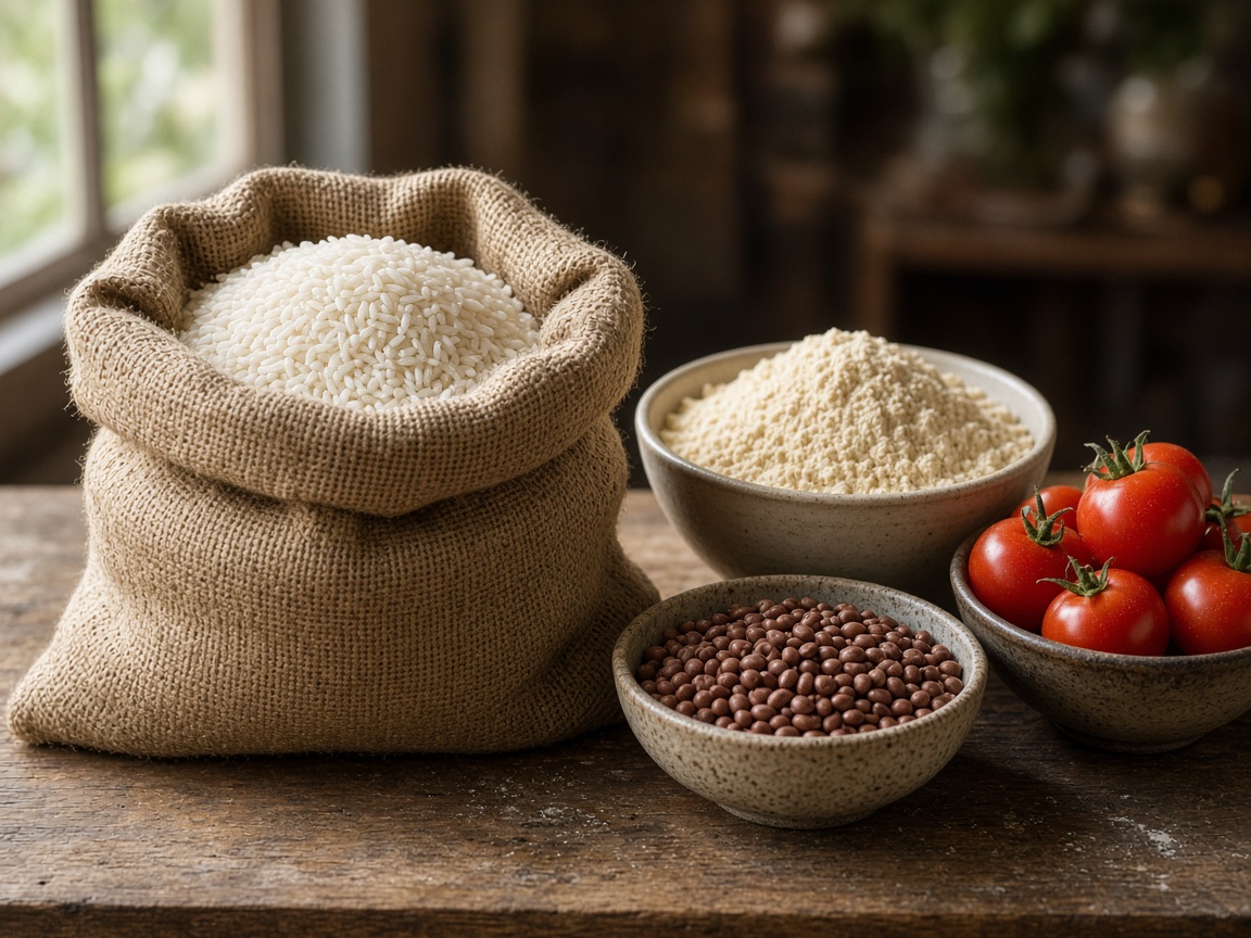 A sack of rice beside bowls of garri, beans, and tomatoes