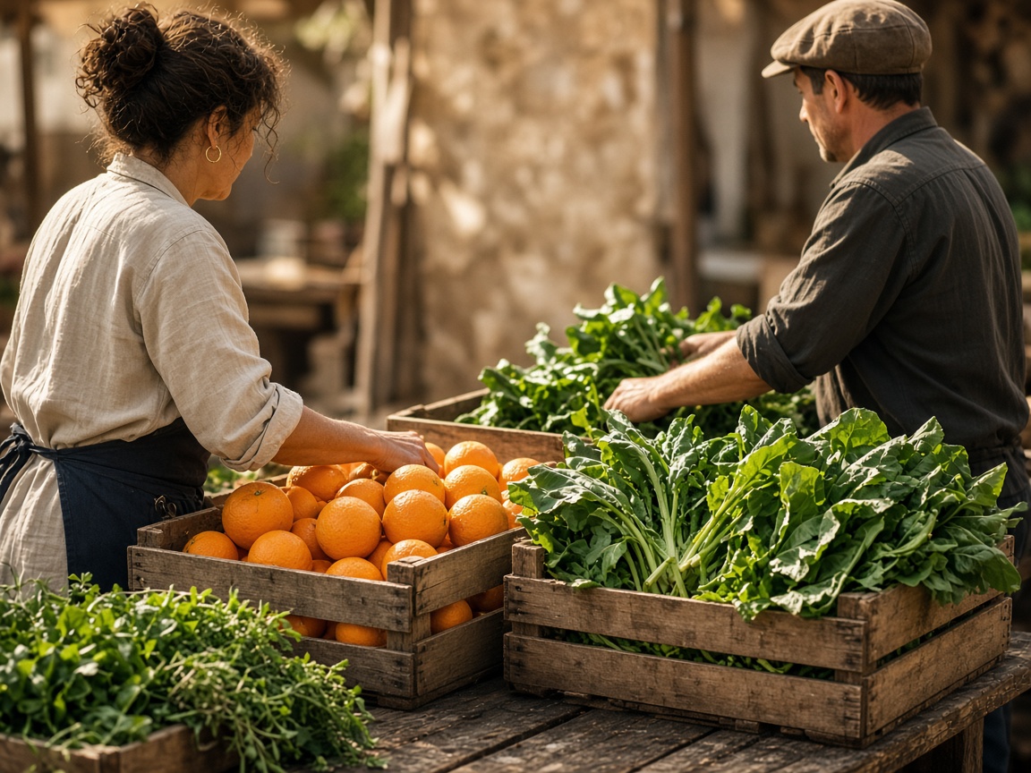 Two adults arranging oranges and greens in market crates