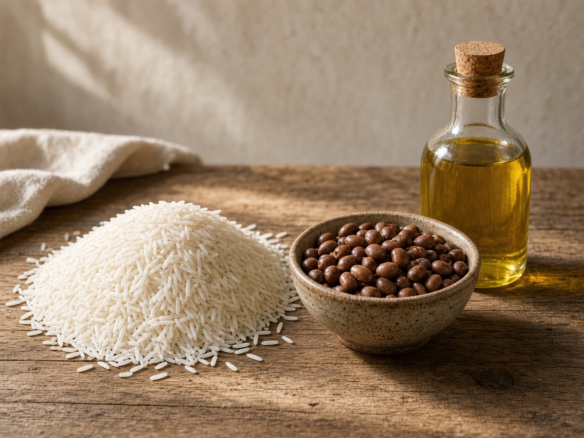 Rice, beans, and cooking oil on a wooden table