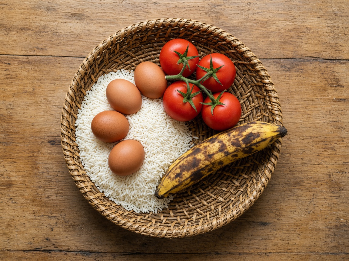 A basket of rice, eggs, tomatoes, and plantain